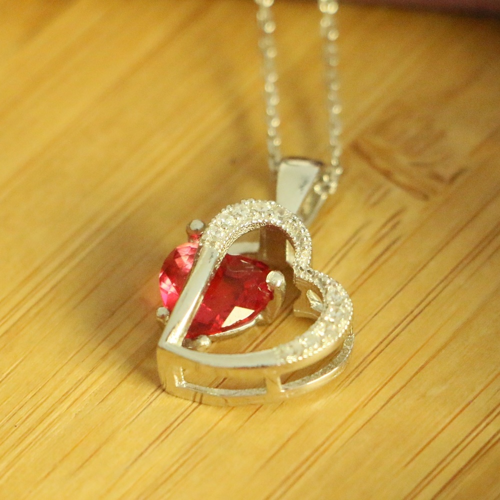 925 Sterling Silver 2Hearts red cubic zirconia - Picture 4 of 7